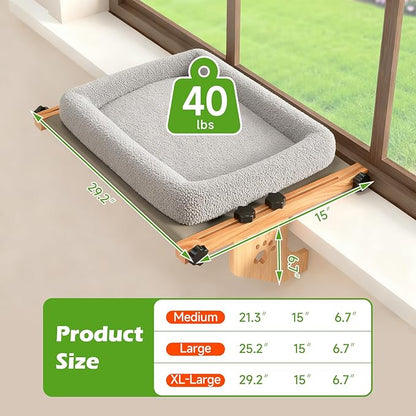 Cat Sill Window Perch Sturdy Hammock Window Seat with Cushion Bed Cover, Wood & Metal Frame for Large Cats, Easy to Adjust Cat Bed for Windowsill, Bedside, Drawer and Cabinet (M)
