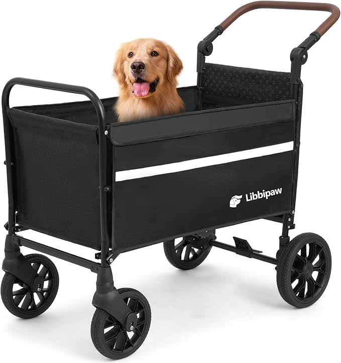 Dog Wagon for Medium Large Dogs up to 200lbs, All Terrain Foldable Large Pet Stroller with Ramp, Dog Wagon Cart with Adjustable Handle & One-Step Brake(Black)