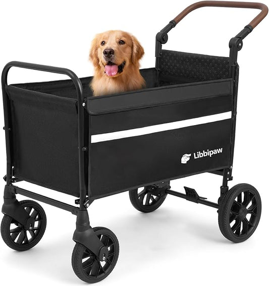 Dog Wagon for Medium Large Dogs up to 200lbs, All Terrain Foldable Large Pet Stroller with Ramp, Dog Wagon Cart with Adjustable Handle & One-Step Brake(Black)