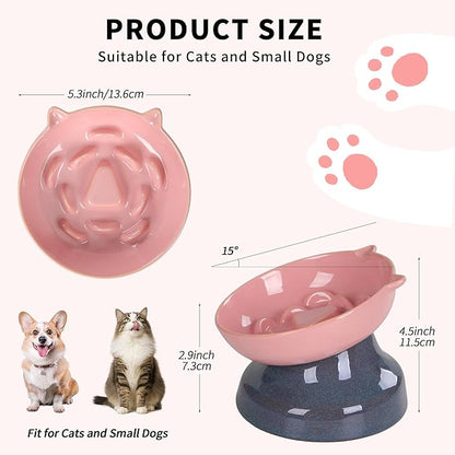 Elevated Slow Feeder Cat Bowl, 15° Tilted Ceramic Raised Cat Bowl for Indoor Cats, Anti Vomiting Design, Cute Cat Ear Heavy Base, Whisker Friendly Healthy Feeding Dish (Pink)