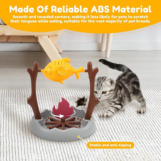 Cat Puzzles Feeder Toy, Cat BBQ Toy Treat Dispensing Slow Feeder Bowl Unique Rotatable Fish and Flame Cognitive Training Game Enrichment Interactive Stimulation Toys for Indoor Kitty