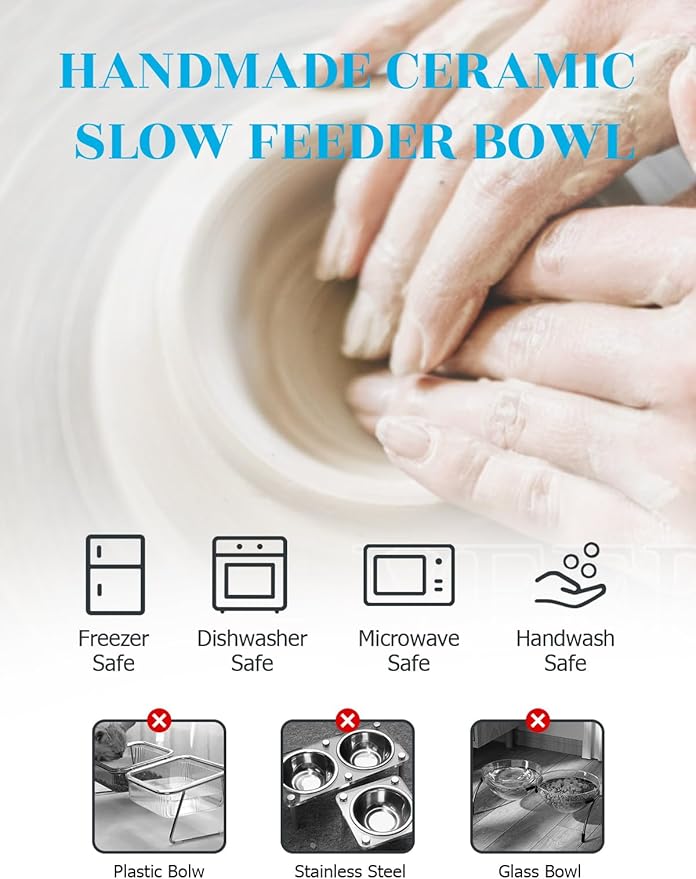 Y YHY Ceramic Slow Feeder Cat Bowl, Elevated Cat Bowl Tilted Design Slow Feeder for Dog and Cat for Dry and Wet Food, Blue