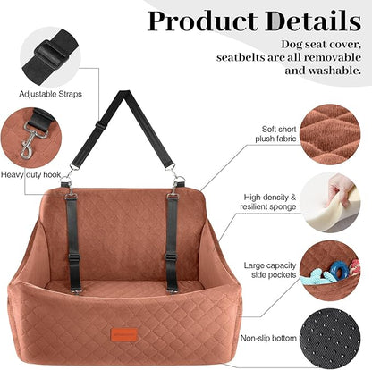 Wooaidagg Dog Car Seat for Medium & Large Dogs Up to 55lbs, Memory Foam Cushion, Washable Cover, Safety Straps & Non-Slip Base (Brown, Large)