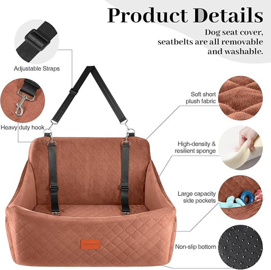 Wooaidagg Dog Car Seat for Medium & Large Dogs Up to 55lbs, Memory Foam Cushion, Washable Cover, Safety Straps & Non-Slip Base (Brown, Large)