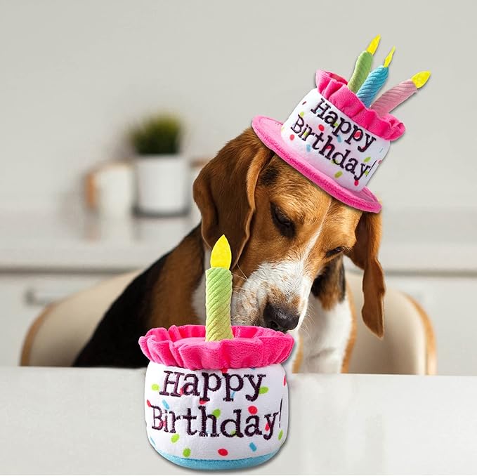 Dog Birthday Cake Toys, Happy Birthday Cake Shaped Squeaky Dog Toys for Small & Medium Dogs | Funny Dogs Gifts | Plush Dog Party Toys, Small, Pink