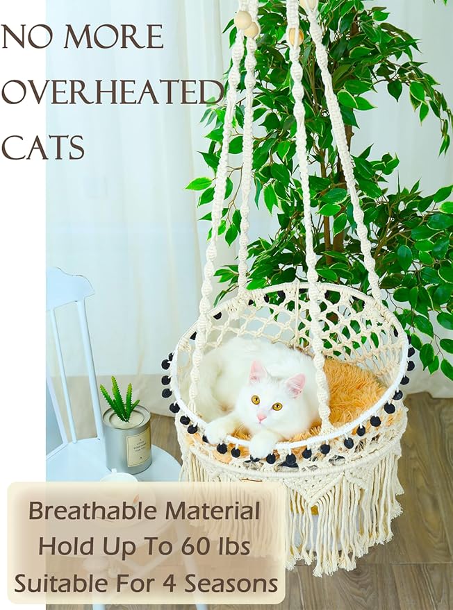 KARCEEY Macrame Cat Hammock - Hanging Cat Bed for Wall & Window - Boho Swing with Full Hardware Kit & Nip Toy - Stable Heavy Duty Design for Large & Senior Felines up to 60lbs
