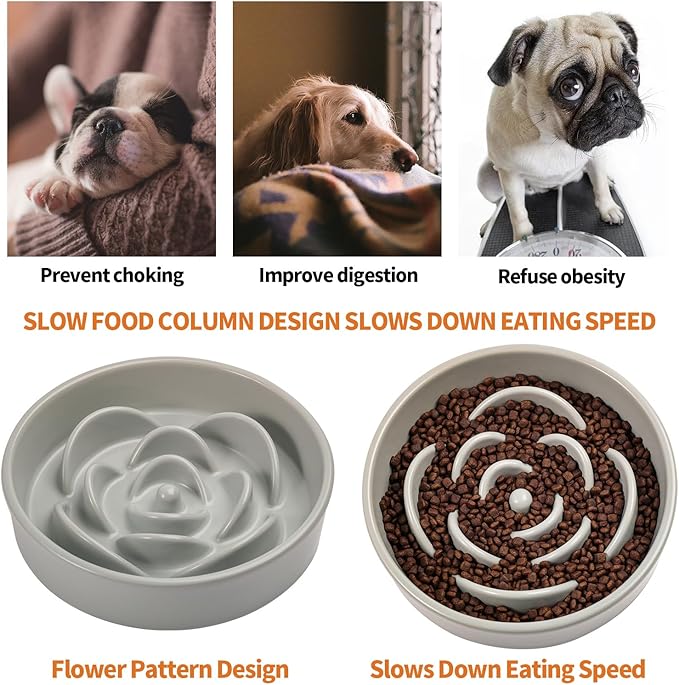 8.26 in Grey Dog Bowl Slow Feeder Ceramic for Medium and Large Breed,Elevated/Raised Slow Feeding Dog Food Water Dish Heavy Weighted,Puppy Dish for Fast Eaters,Puzzle Eating Bowl Modern Maze