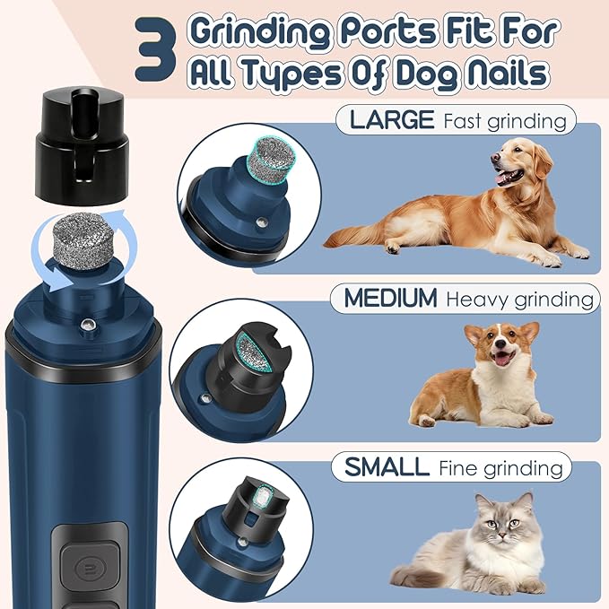Dog Nail Grinder Electric Powerful 3 Speeds Dog Nail Clippers with Lights Quiet Cat Nail Clipper Painless Care Trimmers Tools for Small Medium Large Dogs and Cats (Blue)