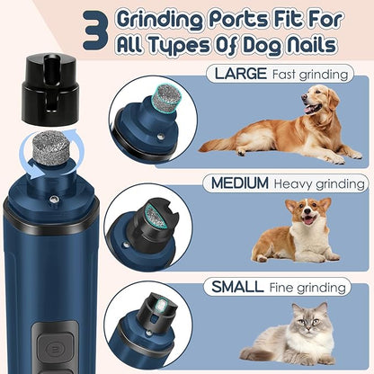 Dog Nail Grinder Electric Powerful 3 Speeds Dog Nail Clippers with Lights Quiet Cat Nail Clipper Painless Care Trimmers Tools for Small Medium Large Dogs and Cats (Blue)