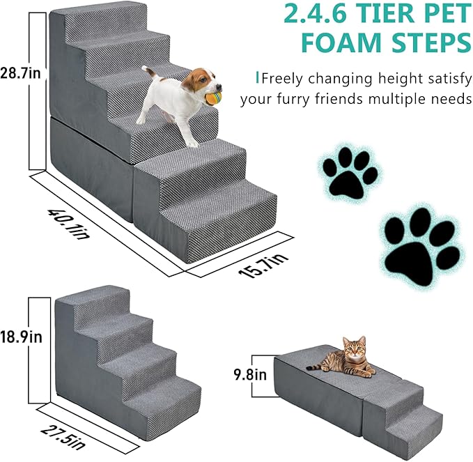 Dog Stairs for Bed 30''H Small Dogs, 6-Step Sturdy Foam Dog Steps for High Bed, Pet Stairs for Older Dogs/Cats/Puppy, Non-Slip Curved Pet Ramp Indoor, Removable Washable Cover, Grey