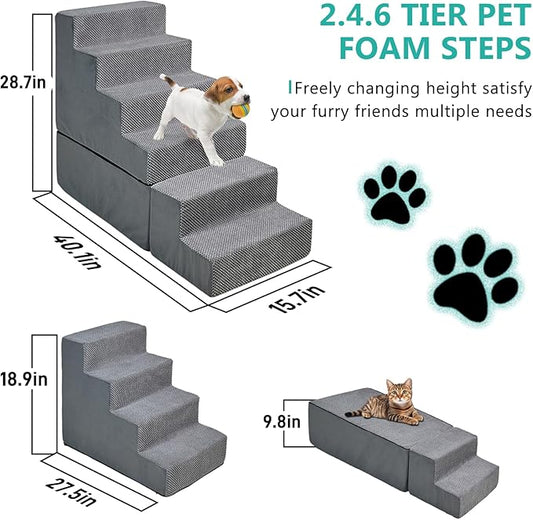 Dog Stairs for Bed 30''H Small Dogs, 6-Step Sturdy Foam Dog Steps for High Bed, Pet Stairs for Older Dogs/Cats/Puppy, Non-Slip Curved Pet Ramp Indoor, Removable Washable Cover, Grey