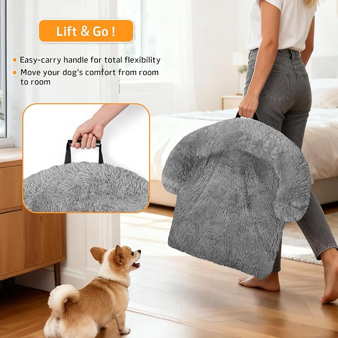 GGIB Calming Dog Bed Fluffy Plush Dog Mat for Furniture Protector with Removable Washable Cover for Large Medium Small Dogs and Cats (Medium, Grey)
