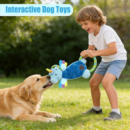 Interactive Squeaky Dog Chew Toy, Tough Plush Dog Toys for Chewers, Small, Medium & Large Dogs, Plush with Double Rope Handles for Tug of War, Mess-Free, Light Blue