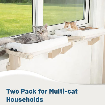 Cat Sill Window Perch - 100% Natural Pine Frame, Soft Rabbit Fur Cushion, Tool-Free Adjustment, Supports 50 lbs (Large-White)
