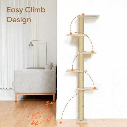 PAWSCRAT Wall-Mounted Cat Tree, 5 Tier Floor to Ceiling Cats Tower, 80 Inch Wall-Mounted Cat Scratching Post, Space Saving Cat Furniture and Easliy Climb for All Cats, Beige