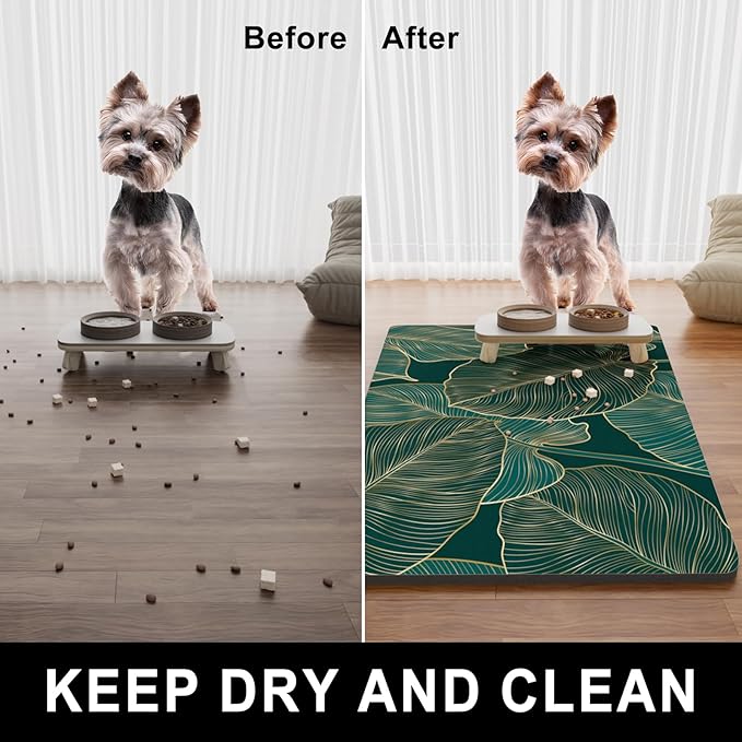 Dog Food Mat, 12" x 19" Absorbent Dog Cat Bowl Mat for Food and Water, Cute Anti-Slip Rubber Pet Feeding Rug Protect Floors, Placemat for Feeding & Watering Supplies, Tropical Palm Leaves