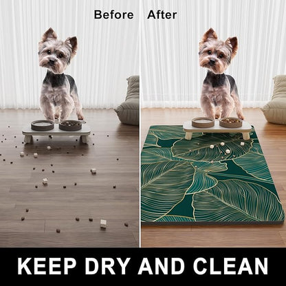 Dog Food Mat, 12" x 19" Absorbent Dog Cat Bowl Mat for Food and Water, Cute Anti-Slip Rubber Pet Feeding Rug Protect Floors, Placemat for Feeding & Watering Supplies, Tropical Palm Leaves