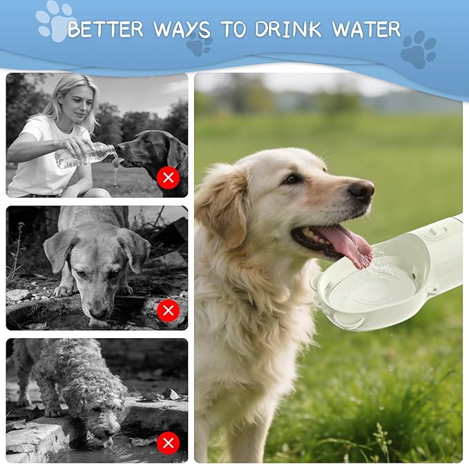 YFL Portable Dog Water Bottle with Food Container - 2 in 1 Travel Puppy Water Dispenser with Crossbody Sling & Strap - Leak Proof, Aesthetic Dog Walking Accessory for Hiking (White)