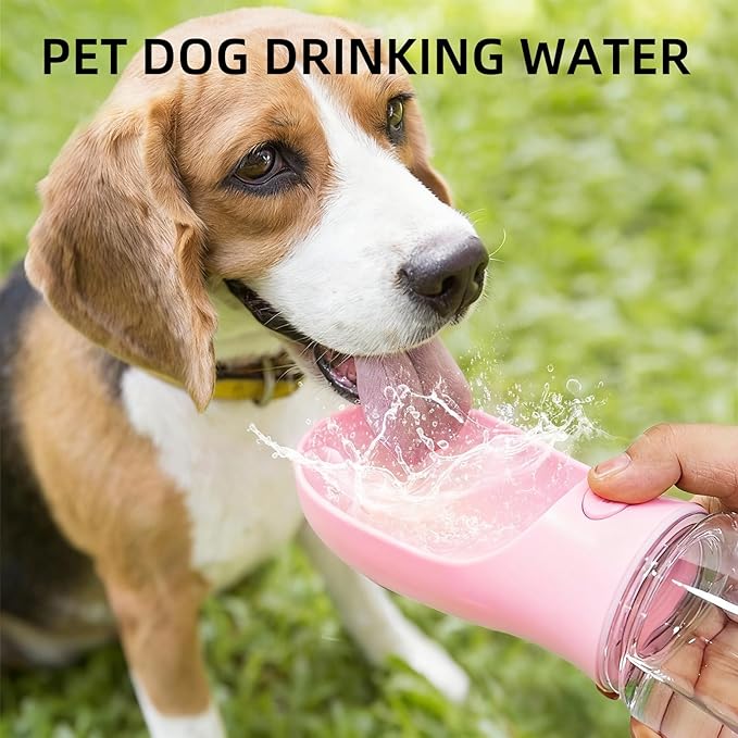 3-in-1 Dog Water Bottle Portable Leak Proof Pet Water Dispenser with Built-in Snack Storage & Waste Bag Holder 14oz for Outdoor Walking, Hiking Travel Pink