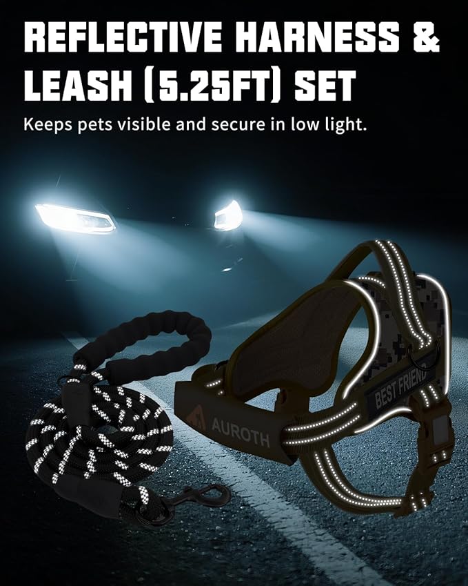 AUROTH Dog Harness and Leash Set, Soft Padded Service Dog Vest with 5.25FT Dog Leash, No Choke, Easy On Pet Vest, Adjustable Reflective No Pull Dog Harness for Large Dogs, Easy Walking and Training