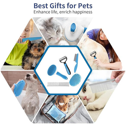 Dog Brush Grooming Kit 5 PCS - Self Cleaning Slicker Brush for Shedding Short Long Haired Dogs & Cats, Includes Pet Comb, Flea Comb, Bath Brush, Undercoat Rake - Complete Fur Care Set - Blue
