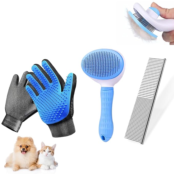 Dog & Cat Brush,Pet Grooming Kit 4PCS- Dog Brush for Shedding| A Pair Pet Hair Removal Gloves| Metal Comb for dog.Removes Undercoat, Tangled, Dirt and Massages. All hair Types