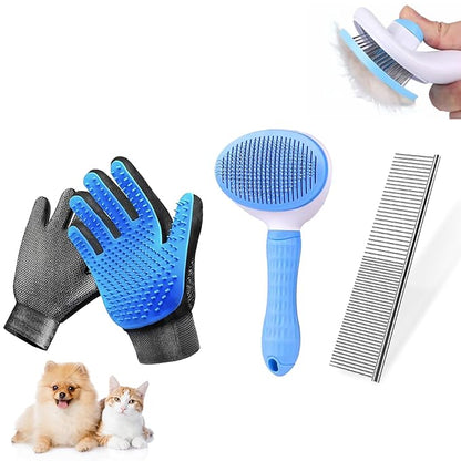 Dog & Cat Brush,Pet Grooming Kit 4PCS- Dog Brush for Shedding| A Pair Pet Hair Removal Gloves| Metal Comb for dog.Removes Undercoat, Tangled, Dirt and Massages. All hair Types