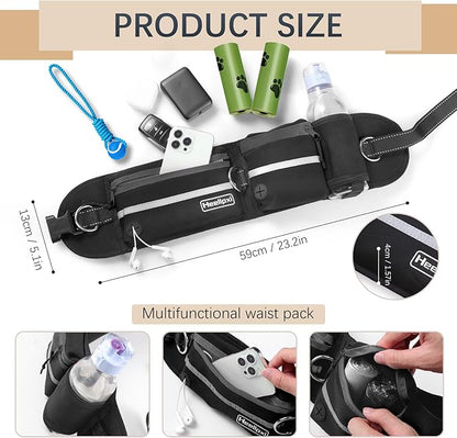 Dog Leash with Waist Belt, Reflective Stitching, Dual Handles, Elastic Retractable Design, Perfect for Running, Black, Suitable for Medium and Large Dogs
