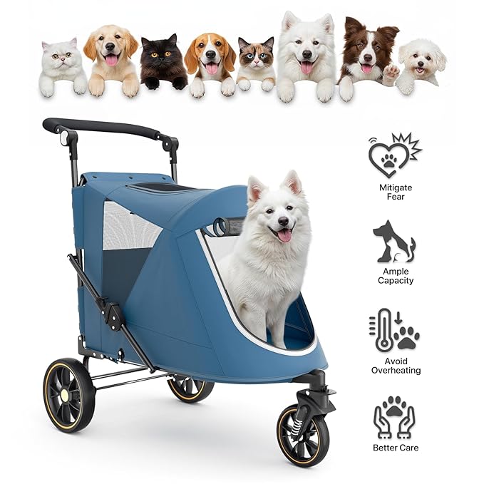 MoNiBloom Pet Stroller for Large Dogs or Multiple Dogs Cats with Adjustable Handle, 3-Wheels Dual Entry Portable Dog Carting Easy Folding Pet Wagon Double Dog Stroller up to 55 lbs, Navy Blue