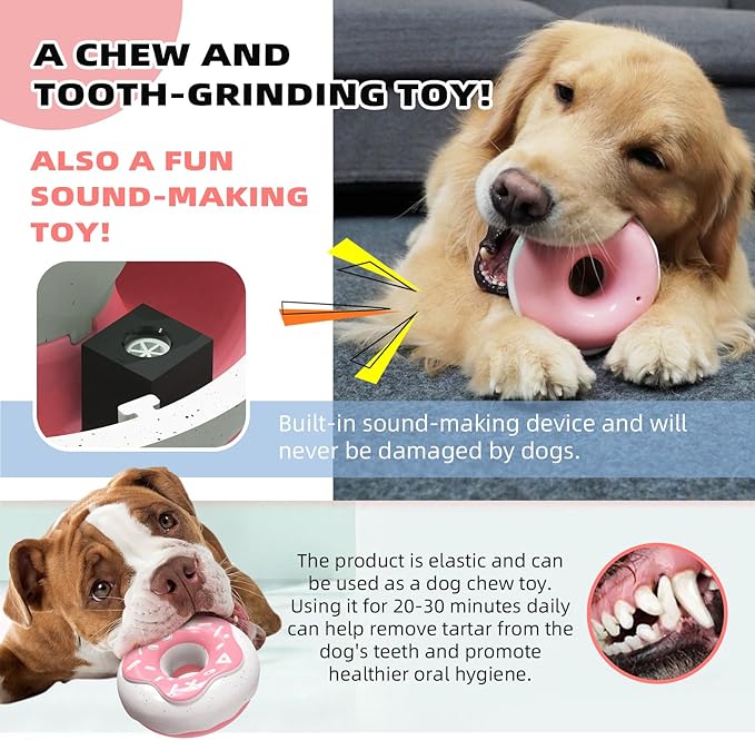 Dog Chew Toys for Aggressive Chewers, Indestructible Tough Squeaky Mental Stimulation Teeth Grinding Interactive Dog Chew Toys for Small/Medium/Large Dog Breeds, Creamy Scent Donut Pink