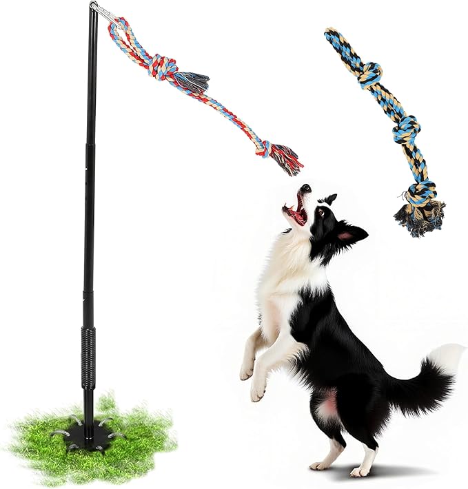 Tug of War Dog Toy: Height Adjustable Spring Pole with 2 Ropes,Tether Tug Outdoor Interactive Dog Toy for Large Medium Dogs,Heavy Duty Dog Solo Play Exercise Toy