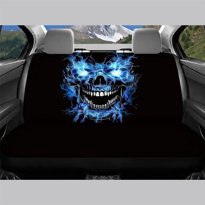 AFPANQZ Blue Flame Skull Full Wrap Car Seat Covers Rear Bench Protection Cushion Backseat Mats Against Dirt & Pet Fur Dust-Proof Universal Car Accessories Decoration Set
