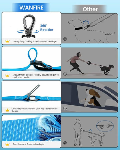 Hands Free Dog Leash, Multifunctional Crossbody Leash, Long Waist Dog Belt with Car Safety Buckle and Double-Sided Reflective Stitches（Blue 5.3-7.9ft-Medium）