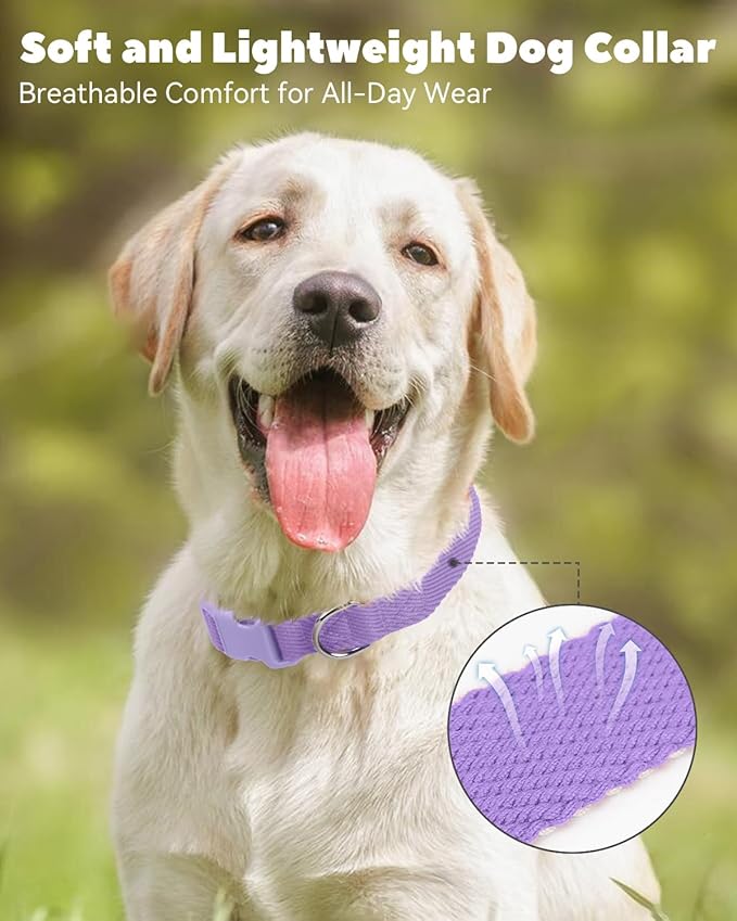 Dynmeow Soft and Breathable Cotton Dog Collar, Durable Adjustable Heavy-Duty Female Girl Pet Collar with Quick-Release Buckle, Lightweight for Sensitive Skin for Large Dogs, Purple, L