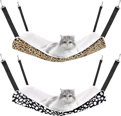 Jetec 2 Pack Cat Hammock for Cage, Catio Accessories Reversible Soft Cats Bed with Adjustable Straps and Hooks Double-Sided Linen and Fleece Hanging Hammock for Cats, Kitten(Leopard and Dot,L)
