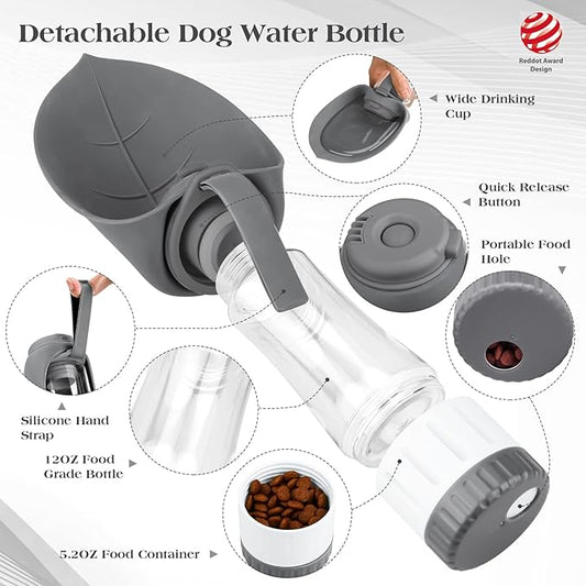 TIOVERY Upgraded Dog Water Bottle, Portable Dog Cat Puppy Pet Water Dispenser Feeder with Drinking Cup and Food Container Leak Proof for Outdoor Walking, Travel, Hiking 12OZ Grey