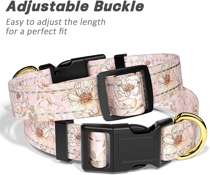 Reflective Dog Collar for Large Dogs, Cute Flower Theme Adjustable Heavy-Duty Nylon Puppy Collar for Boy and Girl Female, Soft Pet Accessories with Quick Release Buckle, Neck 16-24", Pink