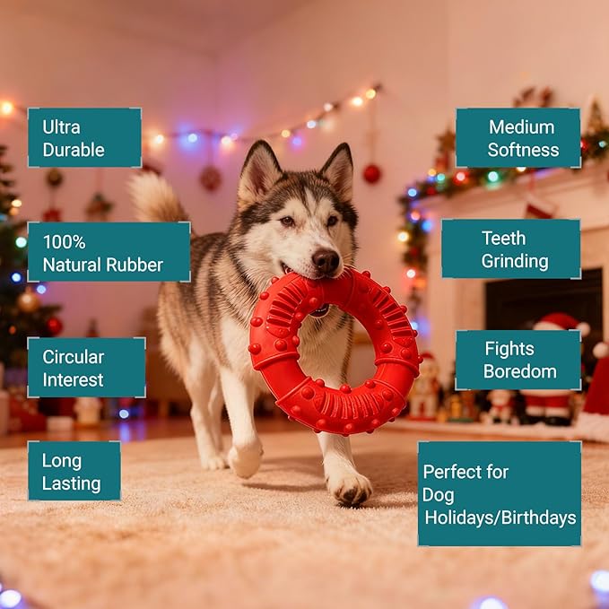 Natural Rubber Indestructible Dog Chew Ring Toys, Interactive Dog Toys for Aggressive Chewers,Dental Teething Training Toys with Textured Nodules, Durable Pet Dog Toy for Boredom (Red)