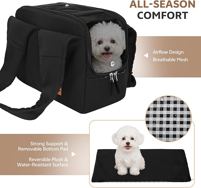 Dog Purse Carrier for Small Dogs and Cats, Soft-Sided Pet Tote Bag with 6 Large Pockets, Collapsible Travel Puppy Carrier, Fits Pets up to 13 lbs (Black, 15.7" L x 8" W x 11.8" H)