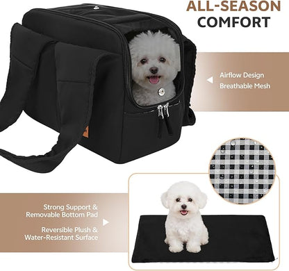 Dog Purse Carrier for Small Dogs and Cats, Soft-Sided Pet Tote Bag with 6 Large Pockets, Collapsible Travel Puppy Carrier, Fits Pets up to 13 lbs (Black, 15.7" L x 8" W x 11.8" H)