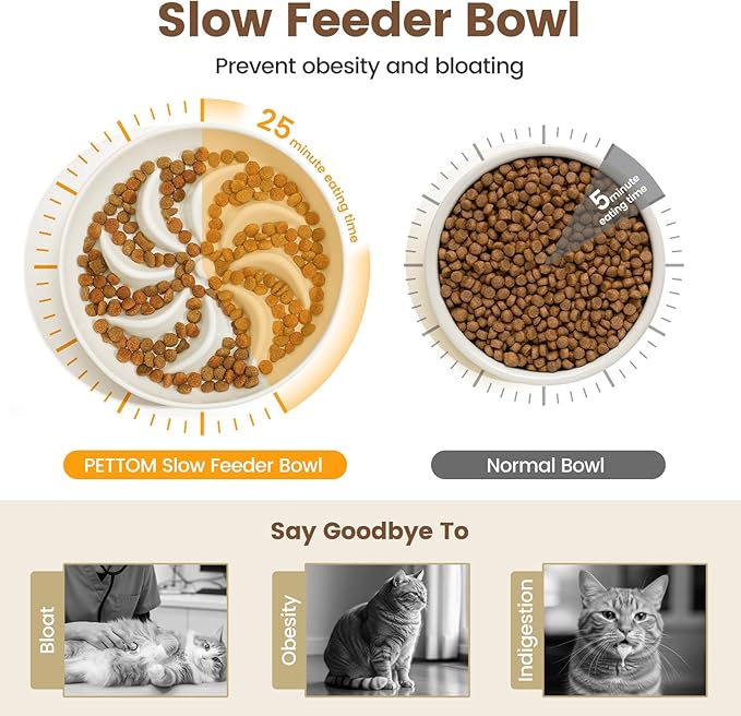 PETTOM Slow Feeder Cat Bowl with Stand, Ceramic Slow Eating Cat Bowl with Higher Edges, Elevated Cats Food Bowls for Dry and Wet Food Anti-Vomiting Puzzle Feeder for Healthy Eating Diet