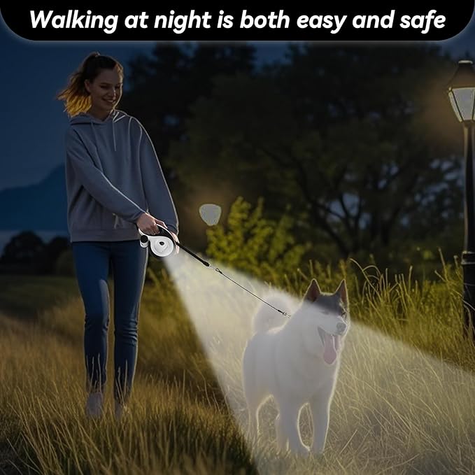 26ft Heavy Duty Retractable Dog Leash for Large Dogs, Dog Leash with Poop Bag Holder, Up to 100lbs, With LED Light, Chew Proof Cable, One-Handed Pause & Lock, 360° No Tangle. (White+, 26Ft)