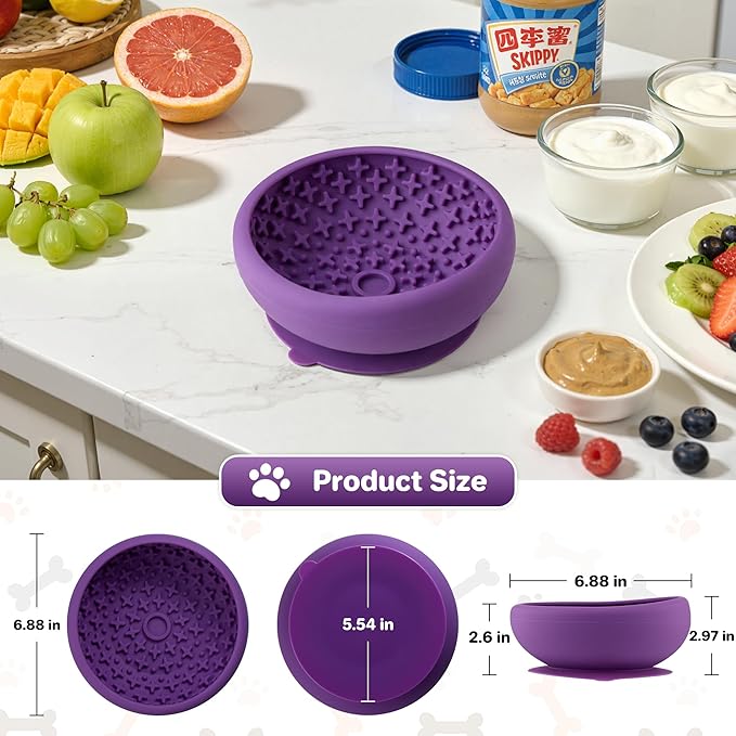 Dog Lick Bowl Slow Feeder with Slanted Anti-Spill Design, Extra-Thick Bite-Resistant Rim, Strong Suction Base, Freezer Safe for Frozen Treats — A Cleaner Alternative to Lick Mats for Dogs (Purple)