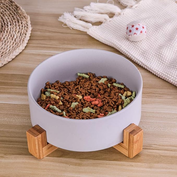 Ceramic Dog Bowl with Bamboo Stand - Large Dog Dish for Food and Water - Heavy Weighted, No Tip Over - 8.4" Diameter - Grey