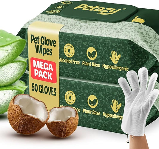 Pet Glove Wipes for Dogs & Cats – Hypoallergenic Thick Cleaning Gloves with Aloe & Coconut Oil for Paws, Face, Ears & Butt, Instant No Rinse Grooming Wipes to Deodorize and Hydrate, 50 Pack