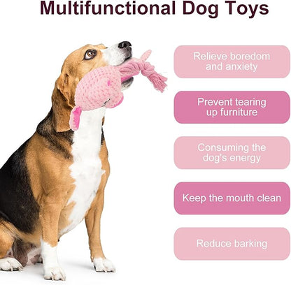 Dog Toys, Dog Squeaker Toys with Crinkle Paper, Stuffed Animal Dog Plush Chewing Toy, Cotton Rope Interactive Toys for Puppy, Small, Middle Dogs (Pink Pig)