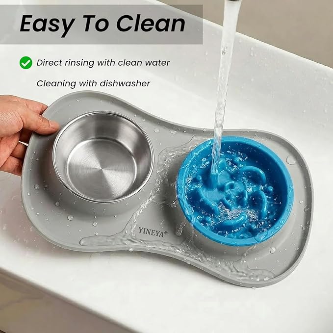 Slow Feeder Dog Bowls Stainless Steel Food and Water Bowl Set 3 in 1 No Spill Waterproof Silicone Pet Food Mat Puppy Feeding Station for Large Medium Small Breed Non Slip Metal Dish Tray by YINEYA