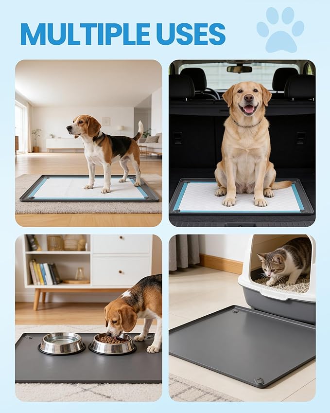 Pee Pad Holder for Dogs - 24" x 24" Non-Slip Silicone Puppy Potty Training Tray with 4 Magnetic Clips & Leak-Proof Raised Edge, Dog Pee Pad Holder for Home Indoor Floor Protection