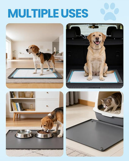 Pee Pad Holder for Dogs - 24" x 24" Non-Slip Silicone Puppy Potty Training Tray with 4 Magnetic Clips & Leak-Proof Raised Edge, Dog Pee Pad Holder for Home Indoor Floor Protection