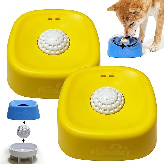 Slow Feeder Dog Bowls for Liquid with Rolling Ball, Interactive Lick Bowl Licking Slow Feeder for Wet Food, Water & Treats Lick Toy for Dogs Cats Large Medium Small (Style1-Yellow+Yellow)